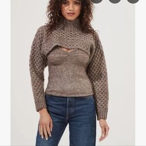 Astr Cropped Taupe Turtleneck Sweater with Textured Balloon Sleeves